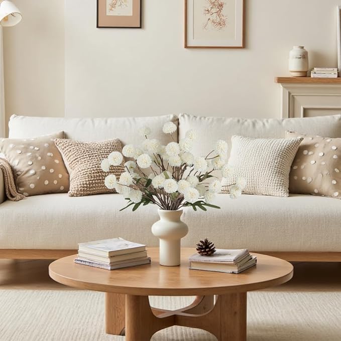 Faux White Kiku Flowers 10 Stems & 2 Eucalyptus, Fake Mums Pompon Flower Ball, Autumn Artificial Chrysanthemums Flowers for Boho Bedroom Decor, Silk Mini Faux Kiku Flower Wedding Arrangements Decor-Ruum Studio Home