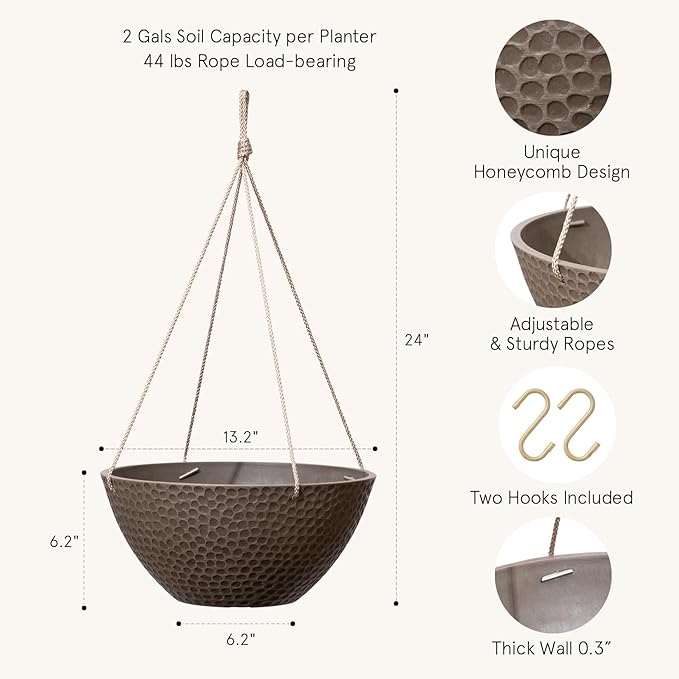 LA JOLIE MUSE Hanging Planters for Outdoor Plants, Large Outdoor Hanging Planters with Drain Holes Ash Brown, Honeycomb (13.2 Inch, Set of 2)-Ruum Studio Home