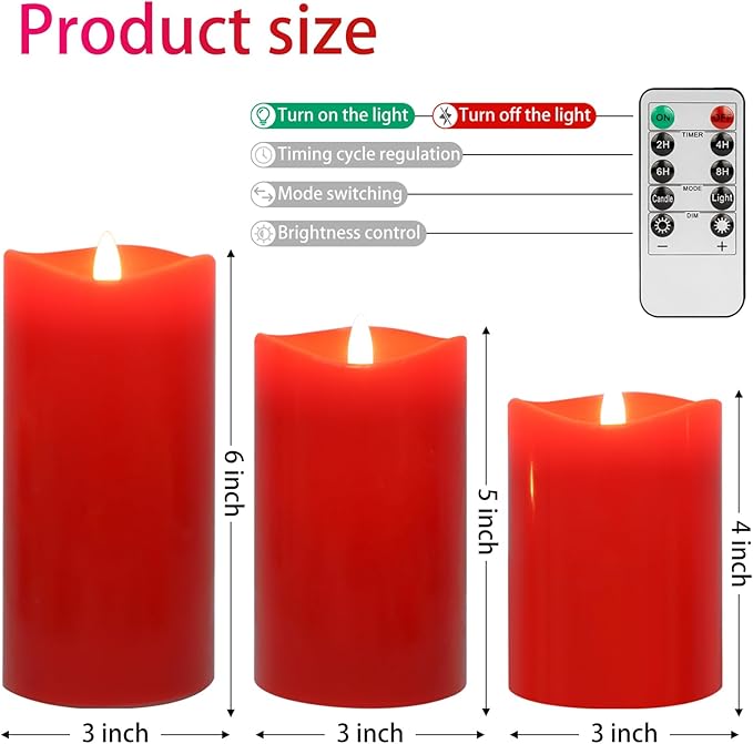 Red Flameless Candles with Remote, Flickering Battery Operated Candles with Timer, Real Wax LED Pillar Fake Candles for Christmas Party Home Decor, Set of 3-Ruum Studio Home
