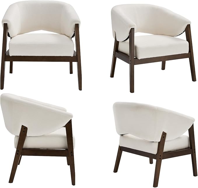 Mid-Century Modern Accent Chairs Set of 2, Comfy Barrel Armchairs with Wide Seat, Upholstered Lounge Chairs with Walnut Wood Legs for Living Room/Bedroom/Reading Corner, Chenille, Beige-Ruum Studio Home