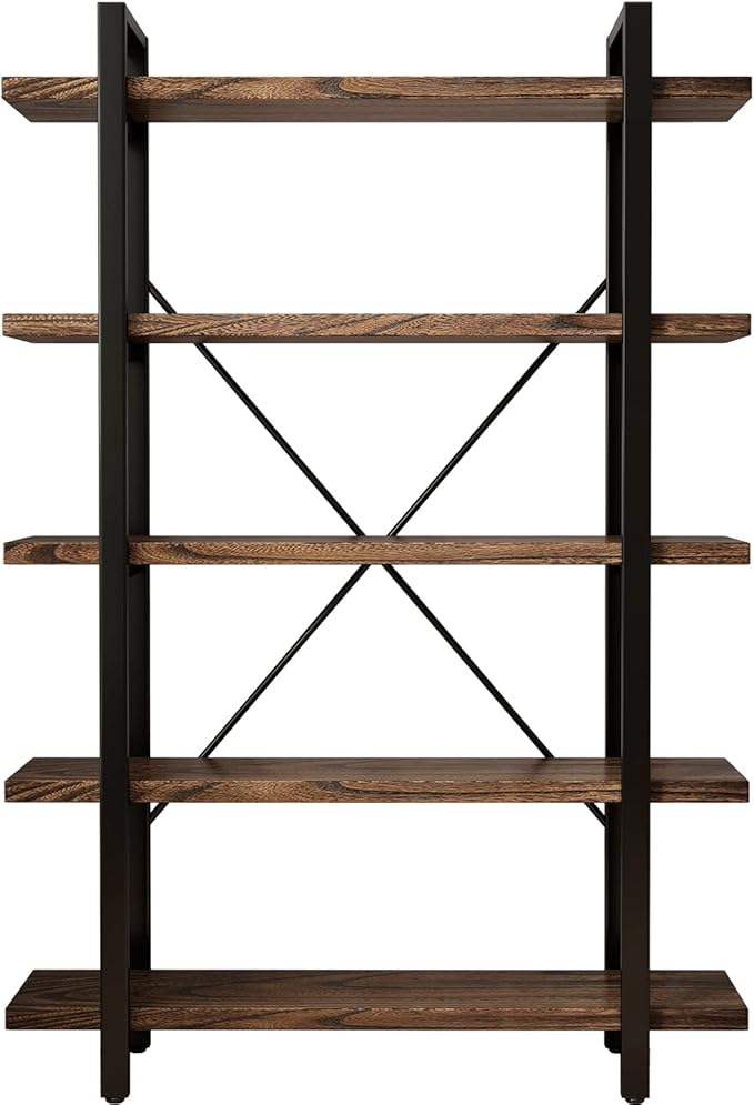 5-Tier Industrial Style Solid Wood Bookcase and Book Shelves,Rustic Wood and Metal Shelving Unit， Living Room,Modern Rustic Open Industrial Book Shelf Office,Distressed Brown (AY-02-5Tier)-Ruum Studio Home