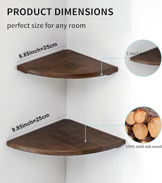 Corner Shelves, Floating Corner Shelf, Set of 2 10inch Solid Oak Wood Corner Wall Shelves, Round End with Wire Hole for Small Plant for Bedroom Kitchen, Living Room-Ruum Studio Home