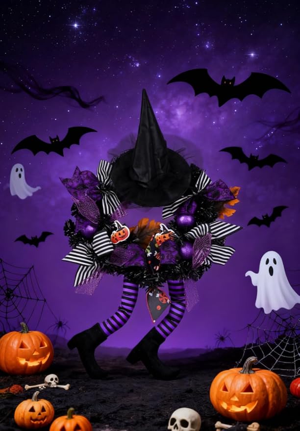 Happy Halloween Wreath for Front Door Decoration with Skeleton Artificial Bone Orange Ornaments Maple Leaf for Party Decor (Halloween Purple)-Ruum Studio Home
