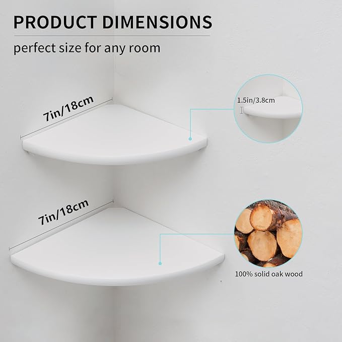 Corner Shelf, White Floating Corner Shelf, Set of 2 7inch Solid Oak Wood Corner Wall Shelves, Round End Wall Mount Display Shelf with Wire Hole for Small Plant for Bedroom Kitchen, Living Room-Ruum Studio Home