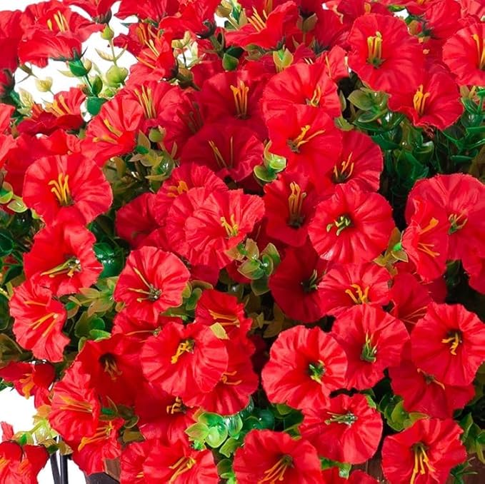 Ivydale Artificial Faux Hanging Flowers Plants Baskets for Outdoors Outside Spring Decoration, Fake Silk Red Morning Glory UV Resistant Look Real for Front Door Porch Patio Balcony Yard Garden Home-Ruum Studio Home