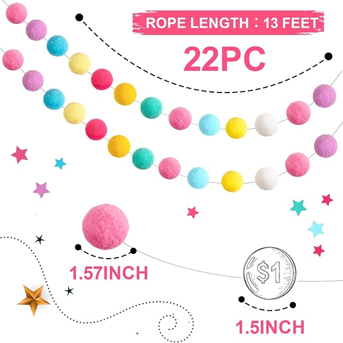 TBD Decor 2pk Pom Pom Garland Easter Decorations 13FT Colorful Large Felt Ball Spring Garland Easter Tree Decorations for Mantle,Indoor Holiday Wedding Birthday Party Supplies-Ruum Studio Home