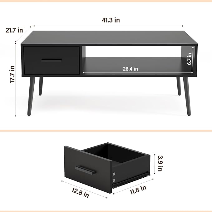 HAIOOU Coffee Table, Mid Century Modern Style Cocktail Table TV Stand with Drawer, Open Storage Shelf, Stable Floor-Anti-Scratching Pine Leg for Home, Office, Living Room - Black-Ruum Studio Home