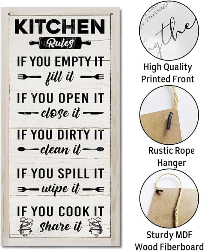 Hanging Kitchen Rules Wood Decor Sign, Rustic Kitchen Wooden Signs, Printed Wood Wall Art Sign, Kitchen Door Rules Rustic Sign, Hanging Wood Sign Kitchen Decor, Funny Farmhouse Kitchen Wall Décor B1-Ruum Studio Home