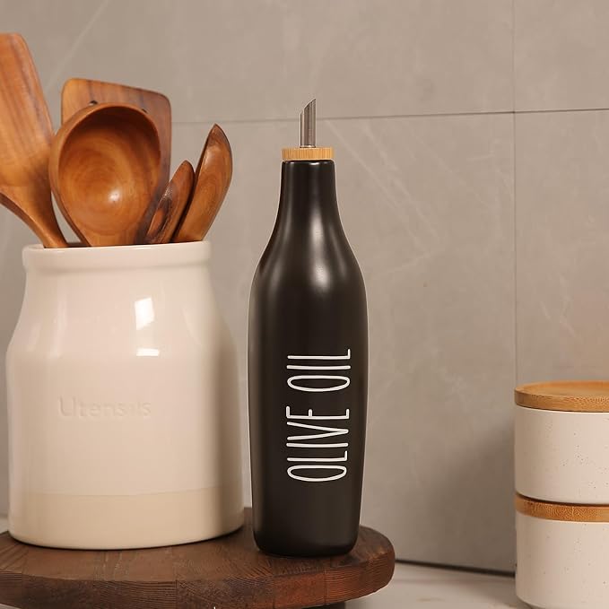 HOMCDALY Ceramic Olive Oil Dispenser for Kitchen, Stoneware 16oz Oil Cruet and Vinegar Bottles Dispenser, Kitchen Dispenser Bottle for EVOO Vinegar Syrups, Modern Farmhouse Design(B-O)-Ruum Studio Home
