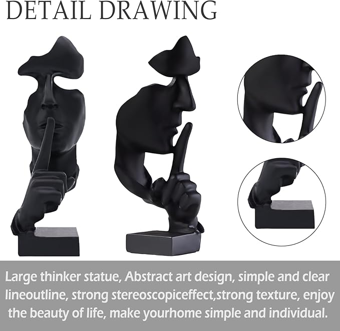 aboxoo Thinker Statue, Silence is Gold Abstract Art Figurine, Modern Home Resin Sculptures Decorative Objects Piano Desktop Decor for Creative Room Home, Office Study Decor (Large Black)-Ruum Studio Home
