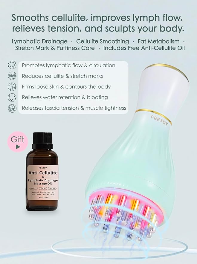 Lymphatic Drainage Massager & Massage Tool with Cellulite Oil, Body Sculpting Machine & Fascia Blaster for Cellulite with Microcurrent, Light, Heat & Vibration, for Legs, Arms & Belly-Ruum Studio Home