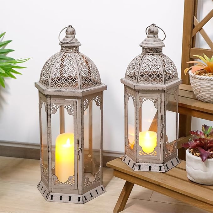 JHY DESIGN Set of 2 Decorative Candle Lanterns 22"&17" H Vintage Metal Candle Holder for Garden Indoor Outdoor Parties Weddings Patio Home Decor(Grey with Black Brush)-Ruum Studio Home