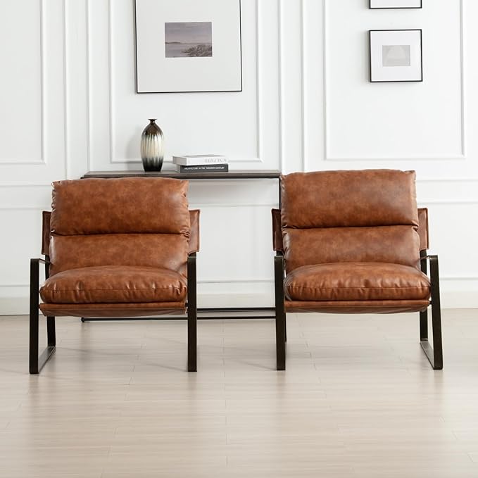 DUOMAY Mid-Century Accent Chairs Set of 2, Comfy PU Leather Leisure Chairs Lazy Chairs with Brozen Metal Leg for Living Room Bedroom Office Apartment, Brown-Ruum Studio Home