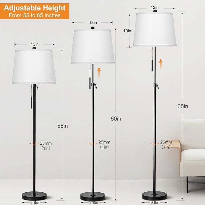Black Floor Lamps for Living Room Adjustable Height Standing Lamp Modern Tall Pole Lamps for Bedroom Office with White Linen Shade 3 Color Temperature 9W LED Bulb Included-Ruum Studio Home