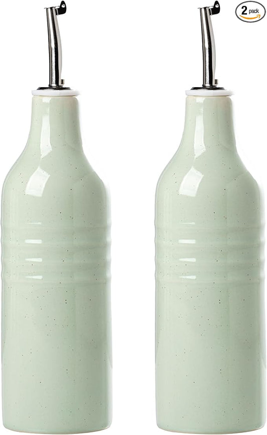 famiware Jupiter 16oz Ceramic Olive Oil Dispenser Bottle, Olive Oil and Vinegar Dispenser Bottle Set of 2 with Stainless Steel Pourers, Suitable for Storage Vinegar, Liquids, Light Green-Ruum Studio Home