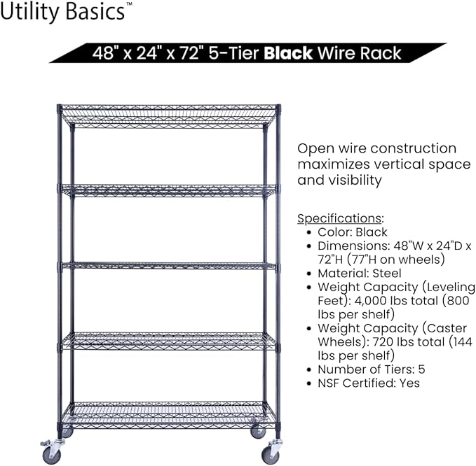 48"x24"x72" Black 5-Tier Premium Wire Shelving NSF 4000 LBS MAX Capacity Heavy Duty Steel Storage Rack for Warehouses, Garages, Hospitals, Commercial Spaces, & Schools w/Premium Wheels-Ruum Studio Home