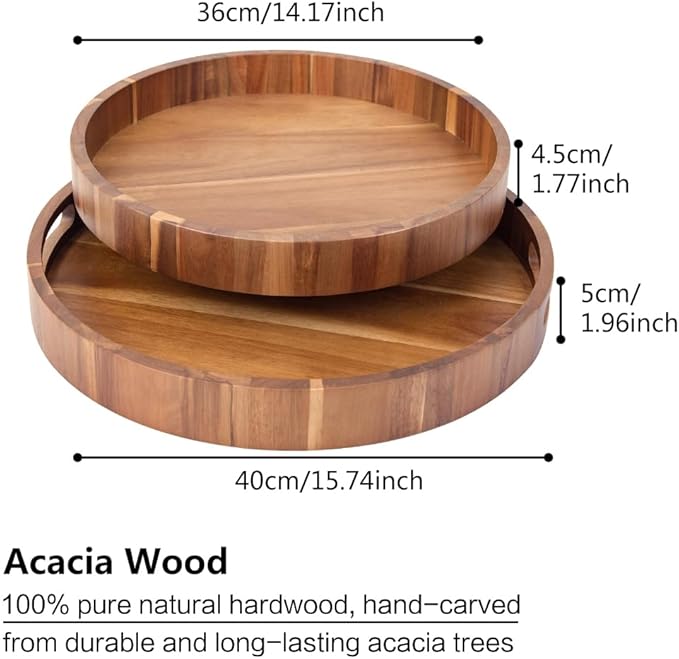 Round Wood Serving Trays Set of 2, Ottoman Tray Rustic Acacia Wooden Trays with Handles, Nesting Circle Tray with 4 Coasters for Coffee Table Living Room Bathroom Bedroom Party-Ruum Studio Home