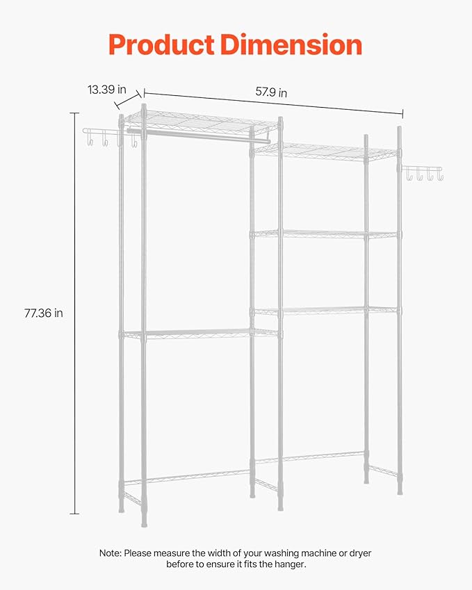 VEVOR Over The Washer and Dryer Storage Shelf, 5 Tier Laundry Room Drying Rack with Hanger Rod and Hooks, Adjustable Over Washer and Dryer Shelves, Laundry Room Shelf Storage Space Saver, White-Ruum Studio Home