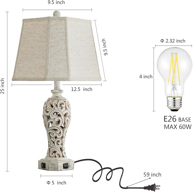 Set of 2 Rustic Table Lamps for Living Room Bedroom, Farmhouse Vintage Nightstand Lamp with 2 USB Ports, Hollow Out Resin Lamp for End Table with Nightlight, Bulbs Included (Wash White)-Ruum Studio Home
