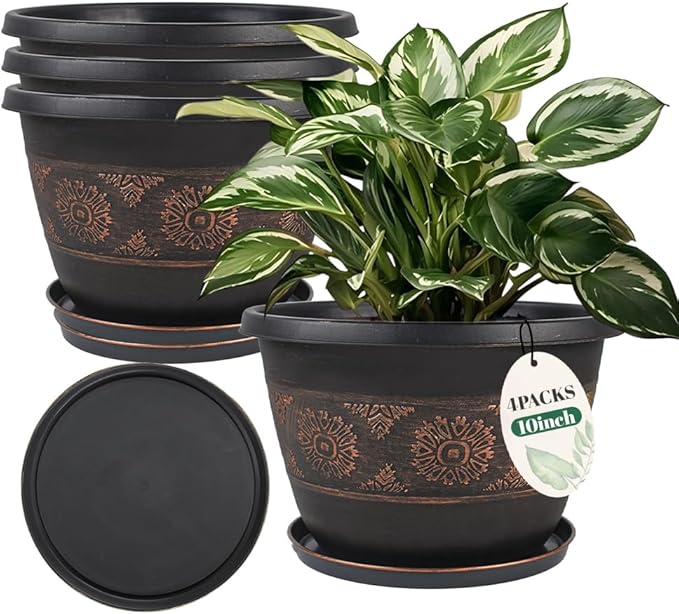 4 Pack 10 inch Plant Pots, Retro Pattern Planters with Drainage Holes and Saucer, Sturdy Plastic Garden Flower Pots for Indoor & Outdoor Plants-Ruum Studio Home