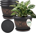 4 Pack 10 inch Plant Pots, Retro Pattern Planters with Drainage Holes and Saucer, Sturdy Plastic Garden Flower Pots for Indoor & Outdoor Plants-Ruum Studio Home