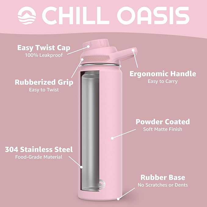 Chill Oasis Water Bottle | Compatible With Popular Flavor Cartridges | BPA Free, Leak Proof, Double-Walled Vacuum Insulated Stainless Steel, and Dishwasher Safe | Cold for 24 Hours (Pink, 22oz)-Ruum Studio Home