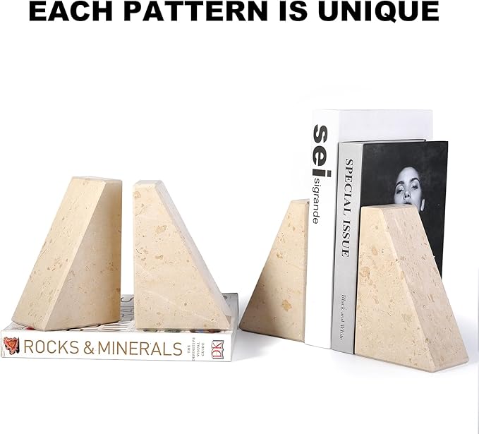 Marble Bookends for Heavy Books, Decorative Book Ends for Shelves, Beige Stone Durable and Heavy-Duty Book Ends for Hardback Books & CDS, Unique Book Stopper & Holder, Set of 2-Ruum Studio Home