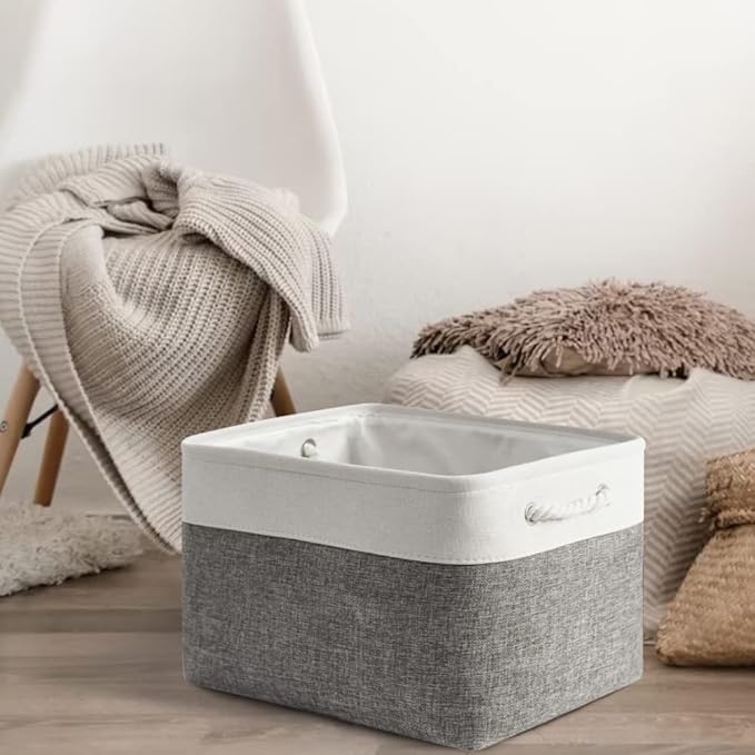 Storage Basket for Shelves - 17X15X12 inch 2 Pack Fabric Cube Storage Bin Collapsible Baskets for Organizing with Rope, Storage Box for Cloth Decorative (White & Grey)-Ruum Studio Home