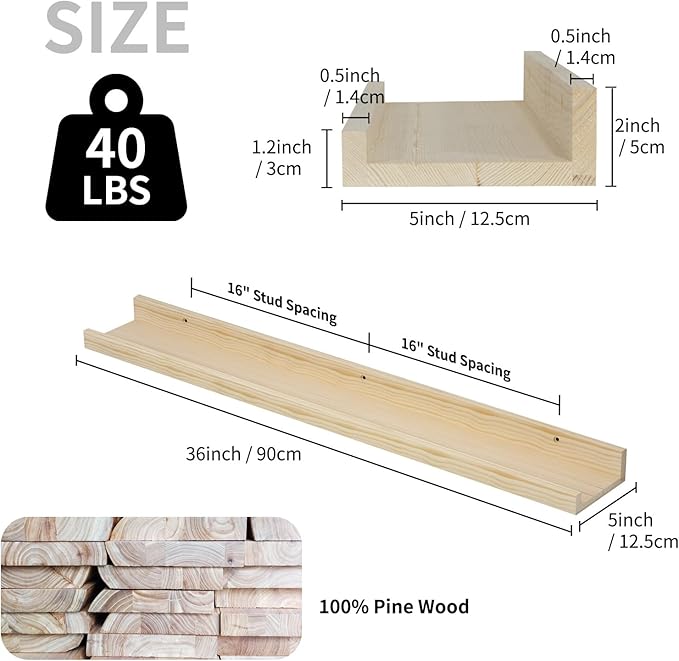 SAUMONIERES Picture Ledge Shelf Floating Book Shelves Set of 2 Wall Mounted Solid Wood for Bedroom Bathroom Living Room Kitchen, 36 Inch Natural-Ruum Studio Home