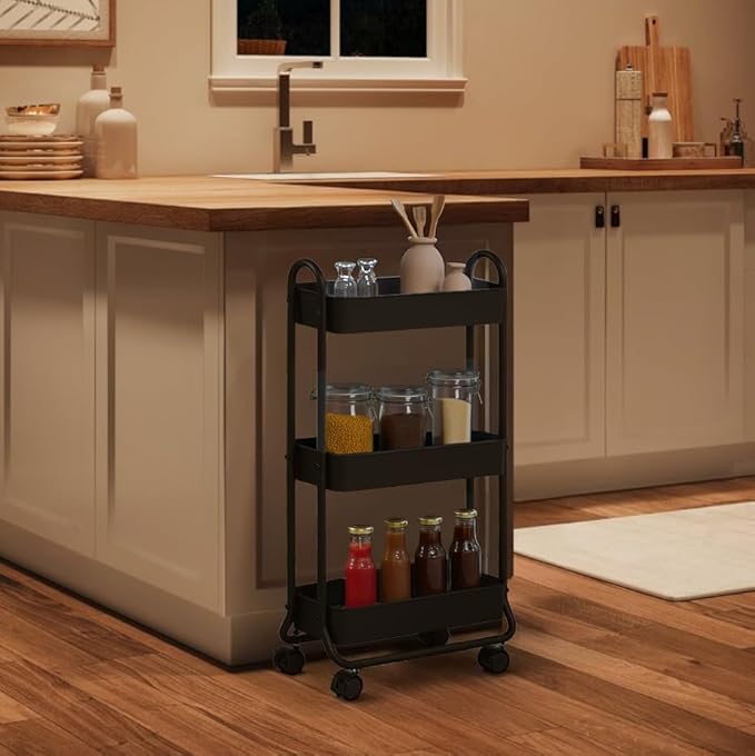 SunnyPoint Slim Rolling Storage Cart, 3 Tier Bathroom Storage Organizer Bathroom, Laundry Utility Cart (Black)-Ruum Studio Home