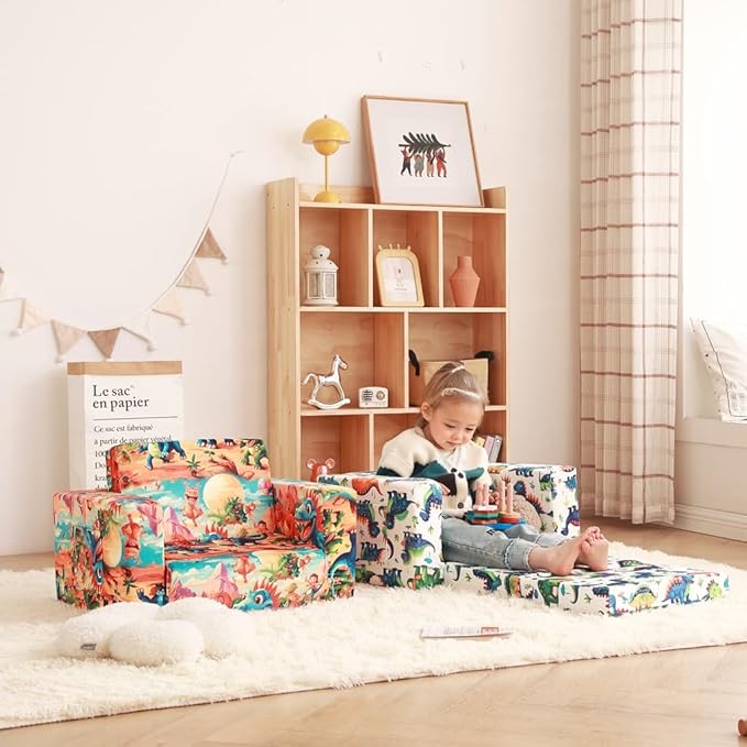 Toddler Chair Kids Couch, 2-in-1 Toddler Soft Sherpa Couch Fold Out Armchair with Removable Cover, Convertible Reading Chair Toddler Sofa for Kids, Orange Dinosaur-Ruum Studio Home