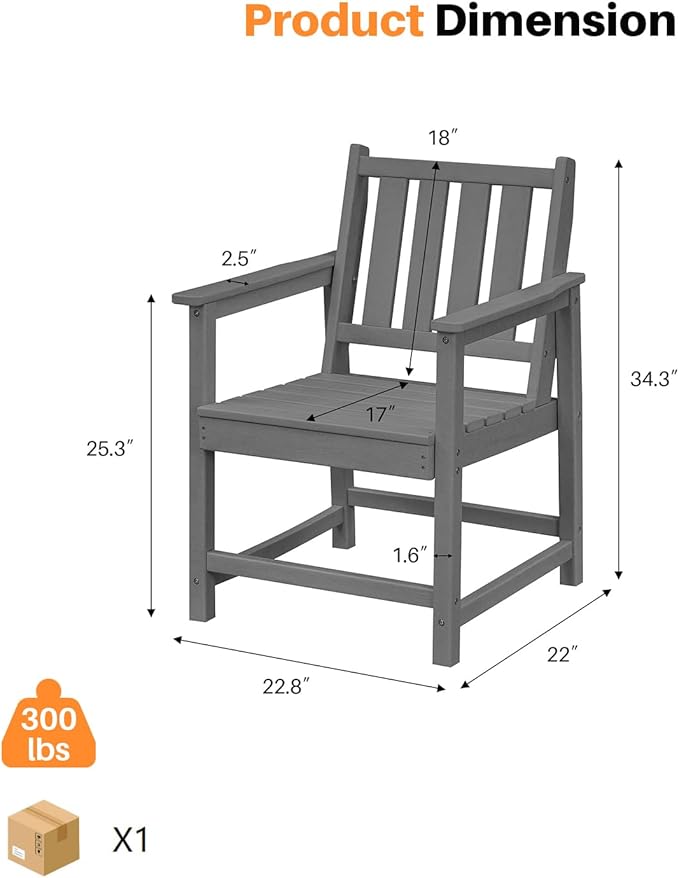Patio Dining Chair Set of 2, HDPE Outdoor Dining Chair, Ergonomic HDPE Dining Chairs with Deep Seating, All Weather Outdoor Chairs Furniture for Backyard, Deck, Garden, Poolside, Smoke Gray-Ruum Studio Home