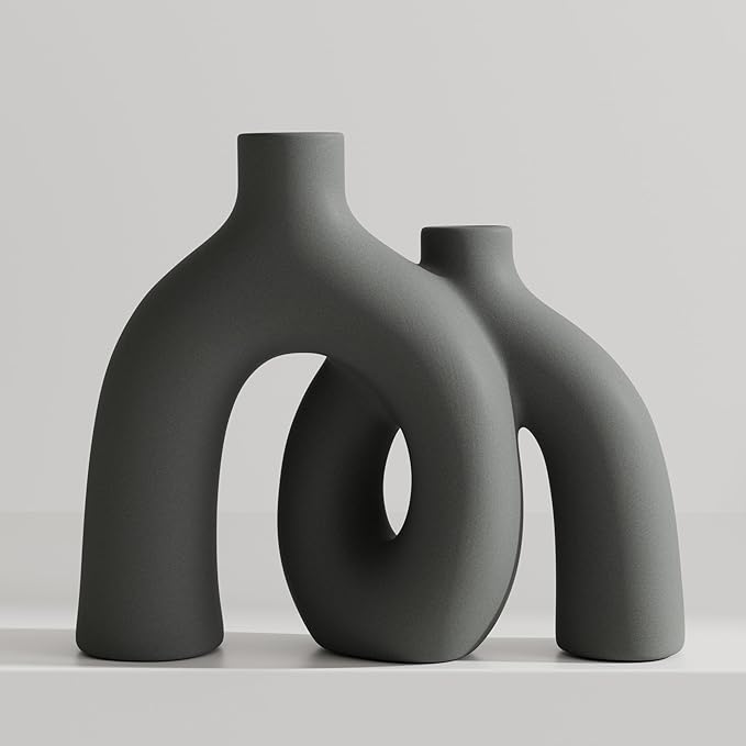Hug Donut Decorative Vase Set - Dark Gray Modern Minimalism Industrial Style Vases Home Decor, Matte Ceramic Decorations for Living Room Shelf, Bookshelf Mantle Entryway Table or Console Décor(Gray)-Ruum Studio Home