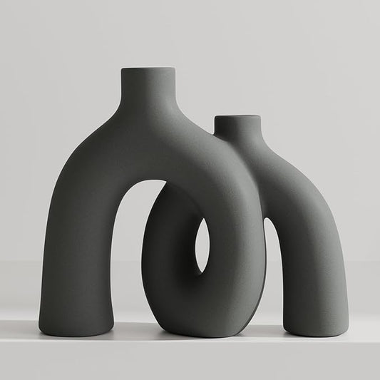 Hug Donut Decorative Vase Set - Dark Gray Modern Minimalism Industrial Style Vases Home Decor, Matte Ceramic Decorations for Living Room Shelf, Bookshelf Mantle Entryway Table or Console Décor(Gray)-Ruum Studio Home