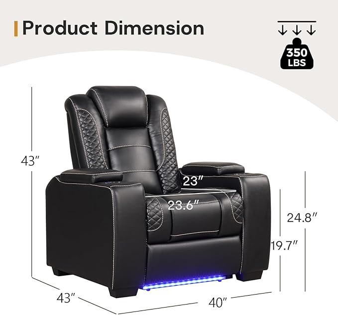 ANJ Power Home Theater Seating Set of 2, PU Leather Electric Recliner Chair with Powered Headrest, Dual Motors Movie Reclining Chairs with LED Lights,USB Port, Cup Holders, Hidden Arm Storage (Black)-Ruum Studio Home