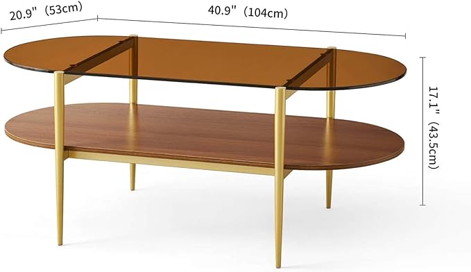 Oval Glass Coffee Table, Mid-Century Modern Design, L41 x W21 x H17 inch, for Living Room, 2-Tier Structure, Amber Glass Top and Walnut Finish Wood Shelf, Conical Legs with Gold Finish Frame-Ruum Studio Home