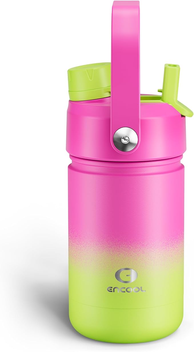 Kids Insualated Water Bottle with Straw - 12oz Stainless Steel Water Bottle with Dual Spouts, Leak-Proof, BPA-Free, Double Wall Vacuum Keeps Cold for 24 Hours for Sports, Travel, School (Lime Sorbet)-Ruum Studio Home