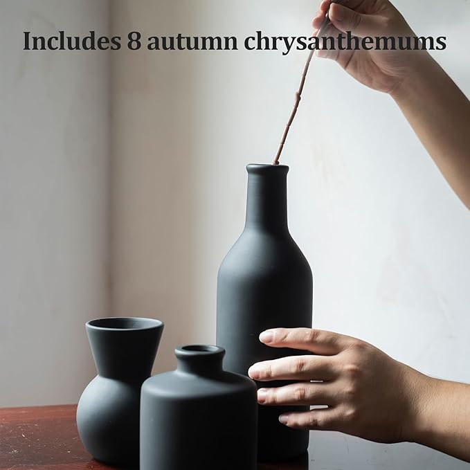 Fake Flowers in Vase for Centerpieces, Faux Flowers in Modern Ceramic Vase Set of 3 with 8 Artificial Autumn Chrysanthemums Home Decor-Ruum Studio Home