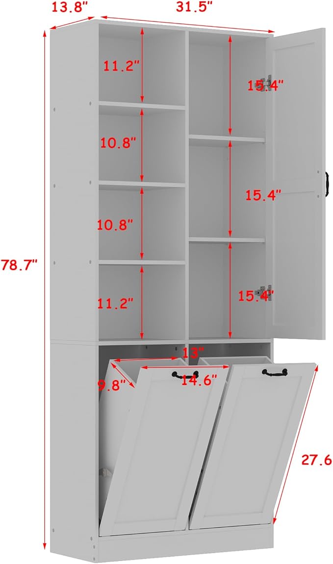 ECACAD Tall Bathroom Storage Cabinet with Shelves and Tilt-Out Laundry Hampers, Freestanding Floor Cabinet for Living Room, Bedroom & Kitchen, White (31.5”W x 13.8”D x 78.7”H)-Ruum Studio Home