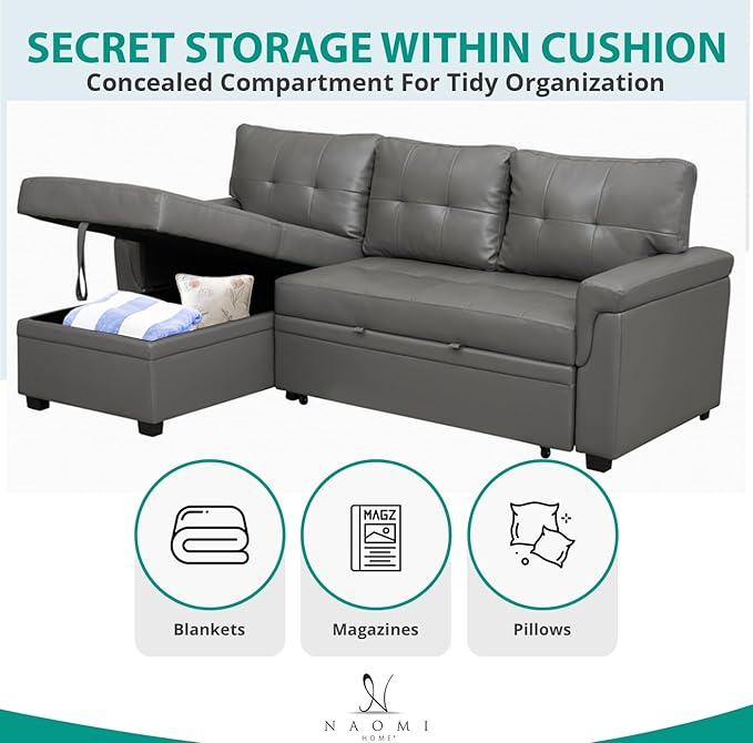 Naomi Home L-Shaped Reversible Sectional Sofa with Pull-Out Sleeper Bed and Storage Chaise, Gray Air Leather-Ruum Studio Home