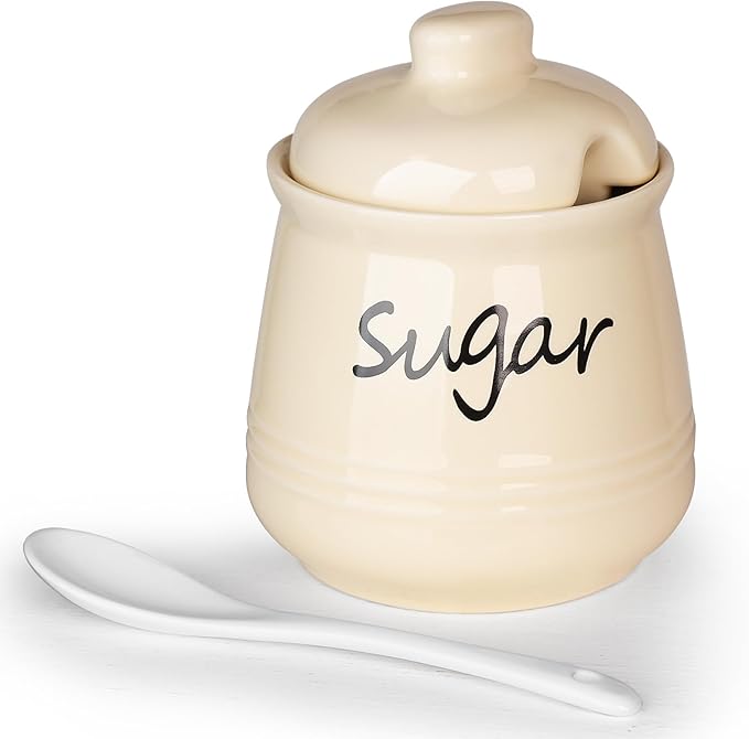 HAOTOP 12oz Sugar Bowl with Lid and Spoon,Ceramic Sugar Jar Sugar Dispenser Sugar Container Coffee Bar Accessories, Kitchen Countertop Canisters, Beige-Ruum Studio Home