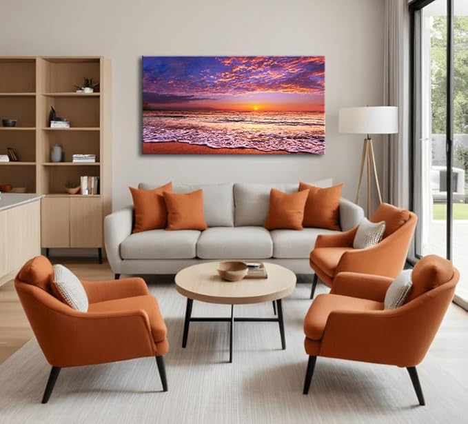 Beach Wall Art Sunset Canvas Pictures, Seascape Theme Art Wall Pictures, Coastal Ocean Wave Paintings,Modern Cloud Artwork for Bedroom Living Room Bathroom Home Office Decorations 20X40 Inches-Ruum Studio Home