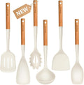 Silicone Cooking Utensils Set, 6 Pack Large Kitchen Utensils Set with Wooden Handle, Heat Resistant Silicone Utensil Spatula Set for Nonstick Cookware, Spatula, Turner, Spoon, Ladle BPA Free (White)-Ruum Studio Home