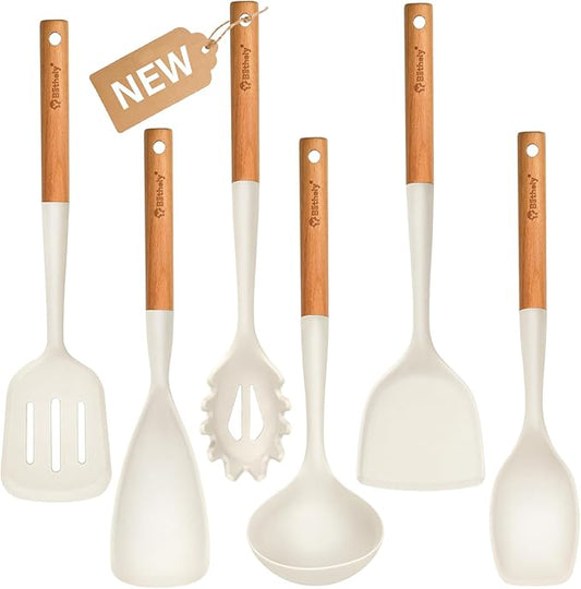 Silicone Cooking Utensils Set, 6 Pack Large Kitchen Utensils Set with Wooden Handle, Heat Resistant Silicone Utensil Spatula Set for Nonstick Cookware, Spatula, Turner, Spoon, Ladle BPA Free (White)-Ruum Studio Home