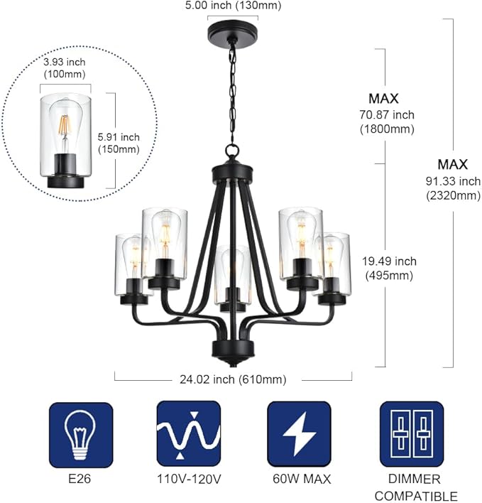 5-Lights Modern Chandelier with Clear Glass Shades, Black Farmhouse Pendant Lighting for Dining Room Kitchen Island Ceiling Light Fixture Haning Over Table-Ruum Studio Home