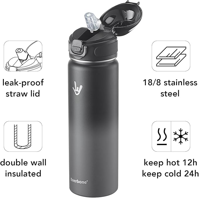 Enerbone 24 oz Insulated Water Bottle, Stainless Steel Bottle with Carrying Strap, Double-Wall Vacuum Insulation Design, Leakproof Sports Bottle with Straw, Keep Drinks Cold or Hot for Hours-Ruum Studio Home