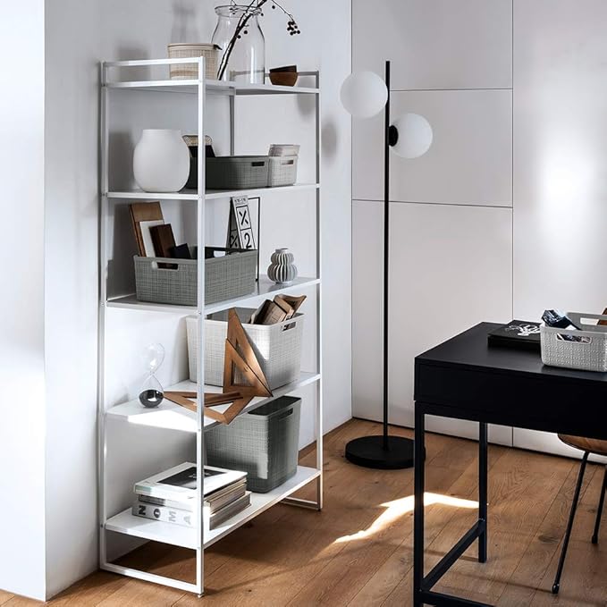 Curver Jute Decorative Plastic Organization and Storage Basket Perfect Bins for Home Office, Closet Shelves, Kitchen Pantry and All Bedroom Essentials, (Set of 6), Grey, Medium-Ruum Studio Home