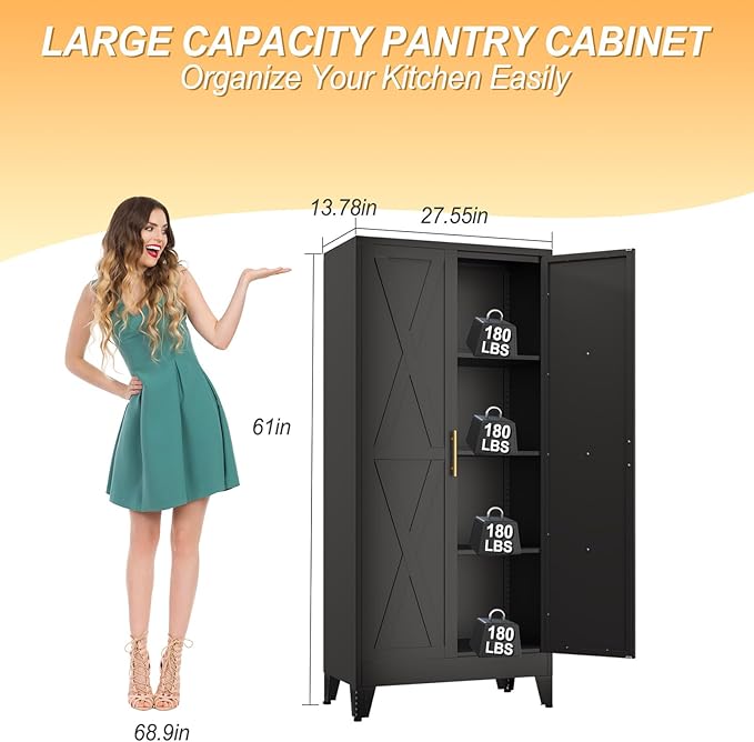 61" H Metal Kitchen Pantry Storage Cabinet, Freestanding Cupboard with 2 Doors and 3 Adjustable Shelves, Standing Storage for Kitchen, Bathroom, Garage, Dinning Room or Utility Room（Black）-Ruum Studio Home