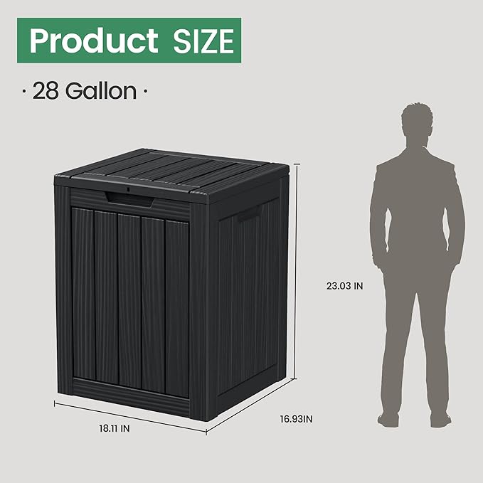 28 Gallon Outdoor Storage Box, Waterproof Durable Resin Deck Box for Indoor & Outdoor Use, Lockable Outdoor Bench, Deck Bin for Patio Furniture, Deliveries, Pool Supplies, Black-Ruum Studio Home