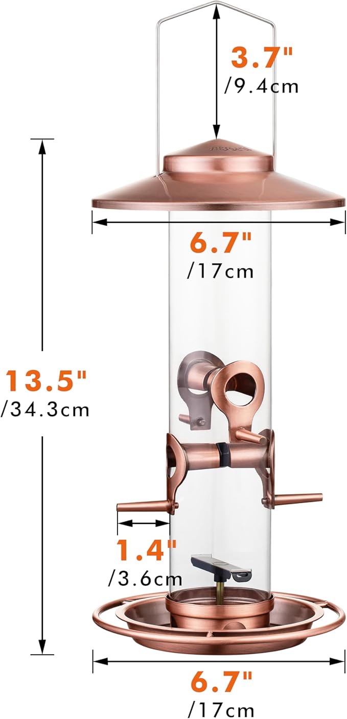 iBorn Bird Feeders for Outdoors, 2LB Metal Bird Feeders 17cm Large Roof &Tray, 4 Feeding Ports, Brushed Copper Finishing-Ruum Studio Home